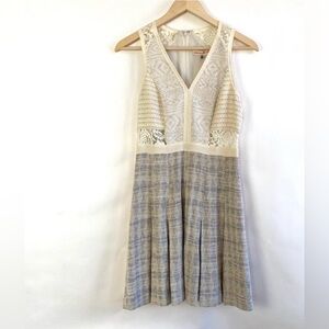 Rebecca Taylor Gray Cream Lace 2000’s Style Pleated Skirt Sleeveless Midi Dress